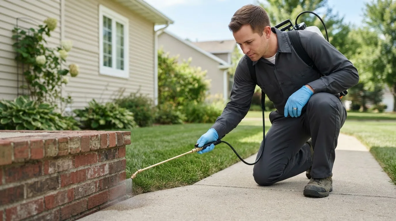 Pest control technician treating a home near New Melle, MO